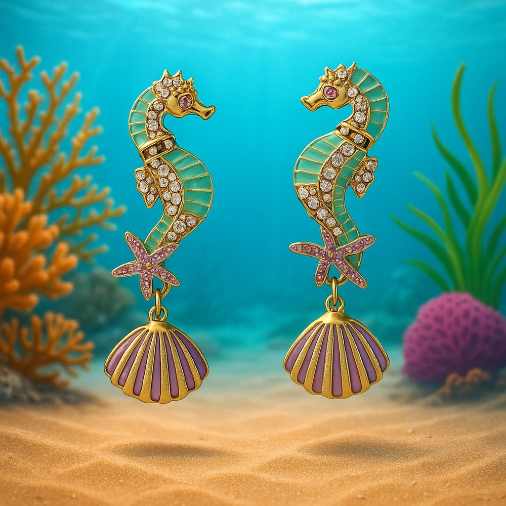 Green and Purple Seahorse Earrings with Shell Accents